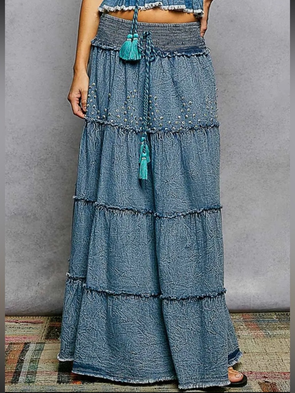 671. POL Embroidered bead tassel tiered denim maxi skirt - Picture 4 of 5